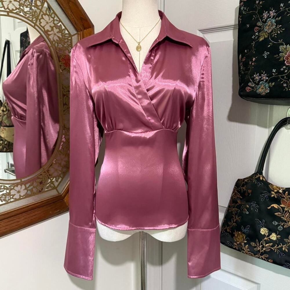 Y2K IZ Byer California Pink Shiny Satin Long Sleeve Faux Wrap Collared Top XL